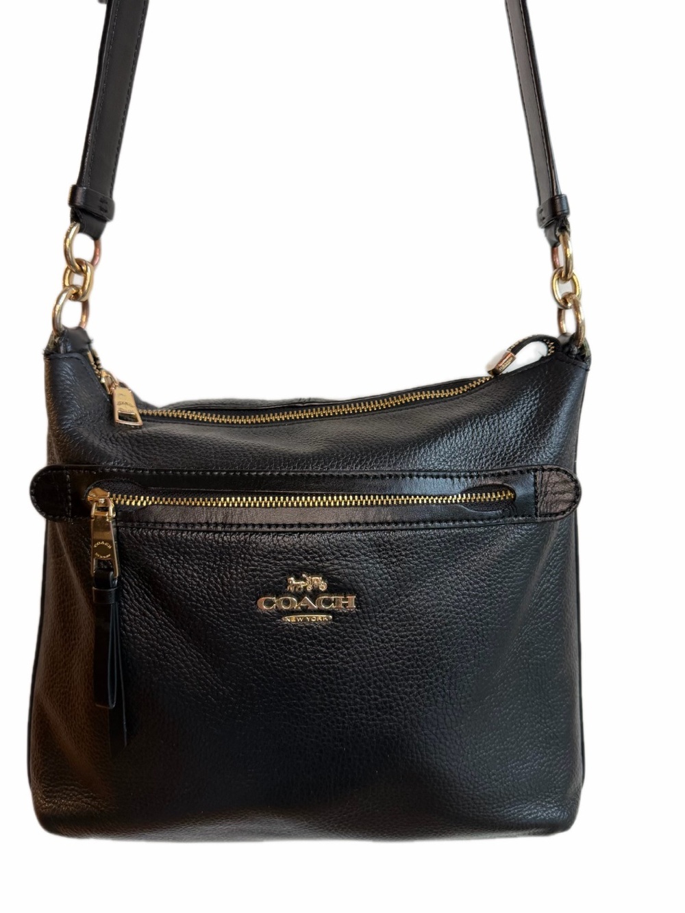 Coach Black Pebbled Leather Crossbody Bag Gold Hardware Adjustable Strap